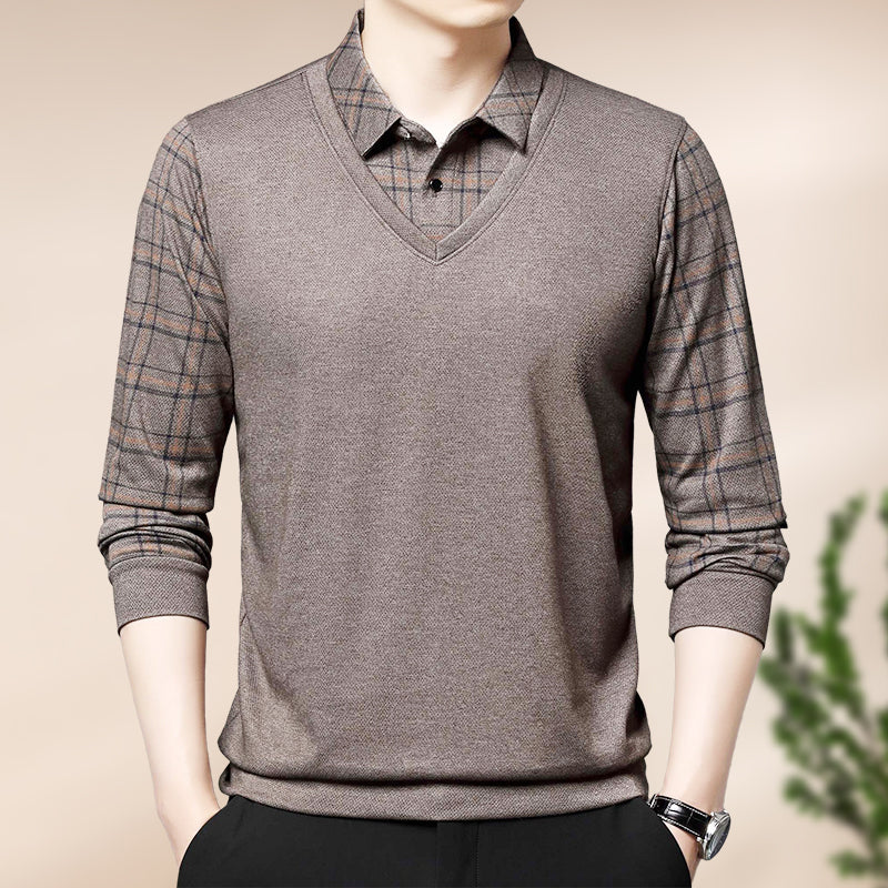 Men's Arenzza faux two-piece lapel long-sleeve top, stylish clothing with a collared design and long sleeves.