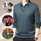 A man wearing Arenzza men's faux two-piece lapel long-sleeve top, featuring a stylish lapel collar and fitted long sleeves.