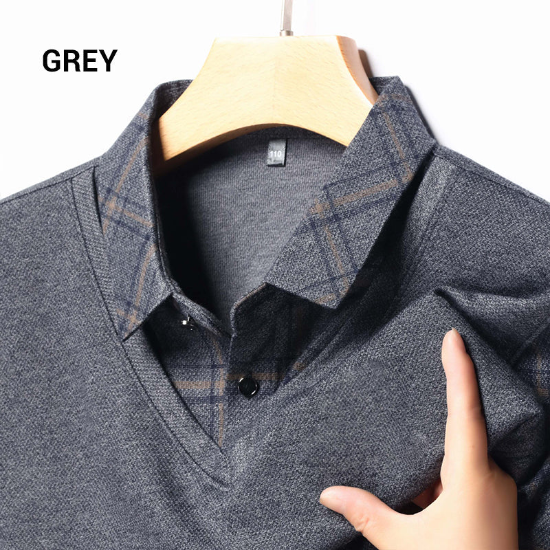 Men's faux two-piece lapel long-sleeve top by Arenzza, stylish men's clothing with a layered look and long sleeves.