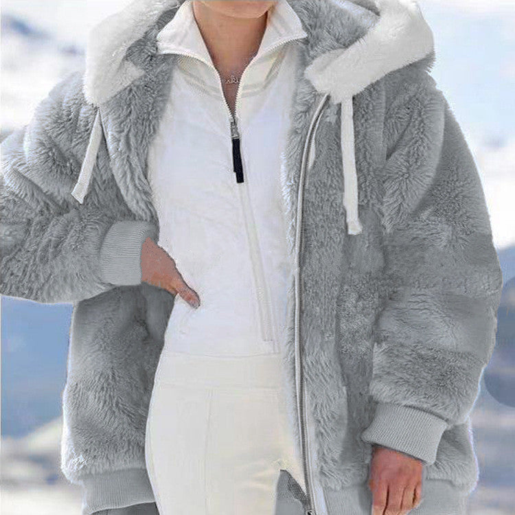 Arenzza hooded fleece jacket with shearling lining, shown in a cozy, warm winter clothing image.