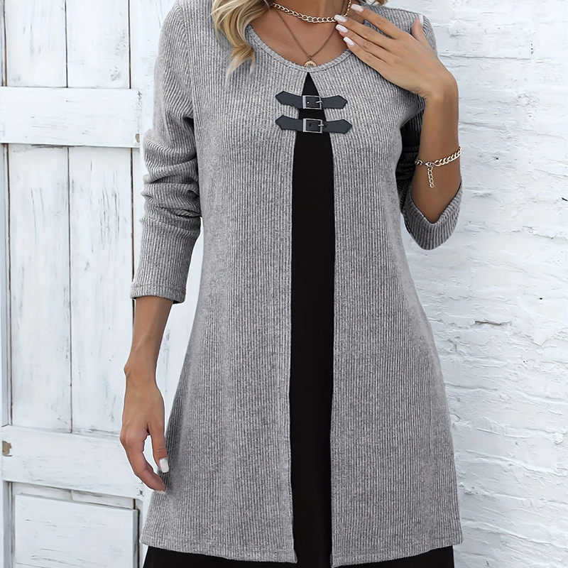 Aarenza women's faux two-piece A-line knee-length dress featuring floral patterns, perfect for casual or semi-formal occasions.