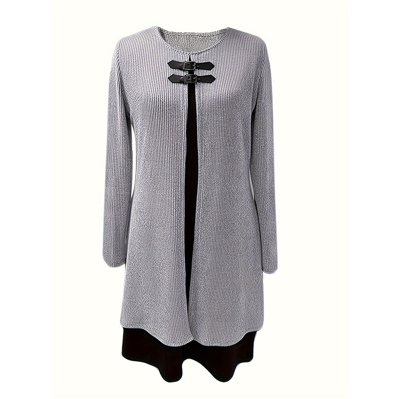 Aarenza women's faux two-piece A-line knee-length dress in soft fabric, featuring floral and solid color design.