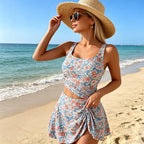 Aarenzza tank top and side tie skirt swimwear set with adjustable straps, high waist, and removable pads, styled as a flowy cover-up.