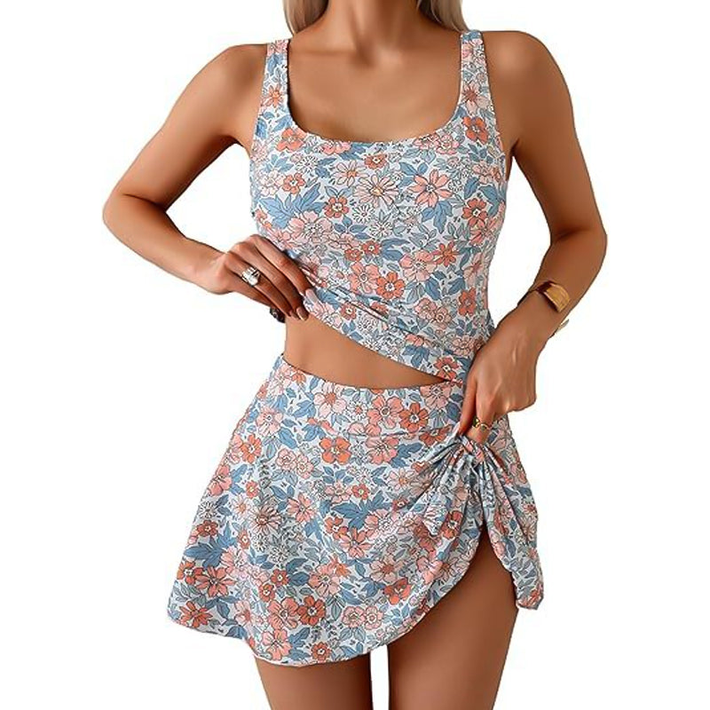 Arenzza swimwear set with a tank top and side tie skirt, featuring adjustable straps, high waist, and flowy cover-up style for beach.