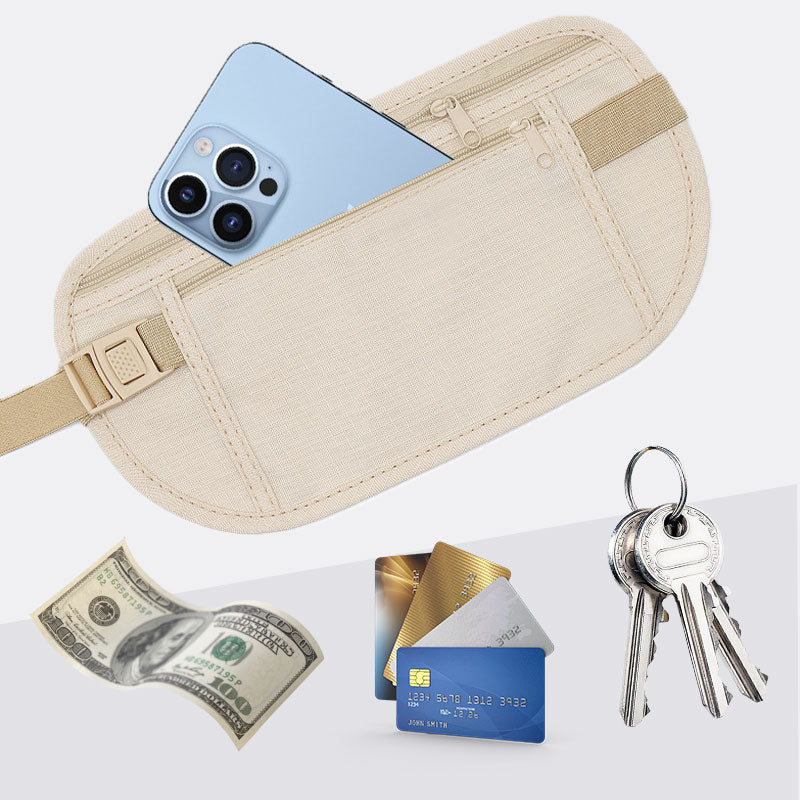 Arenzza anti-theft travel money belt with RFID blocking, worn around the waist for secure travel luggage and personal item protection.