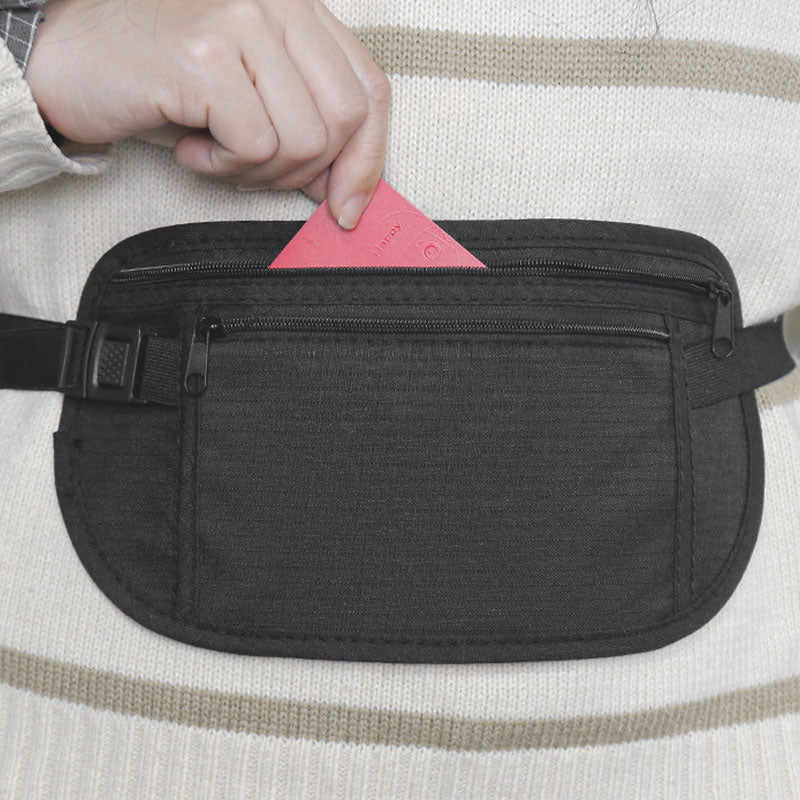 Arenzza anti-theft travel money belt with RFID blocking, black fabric, adjustable strap, and concealed pocket for secure travel security.