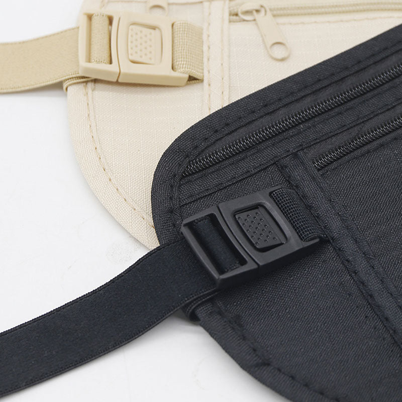 Arenzza anti-theft travel money belt with RFID blocking, showing the adjustable waist strap and secure zipper pocket design.