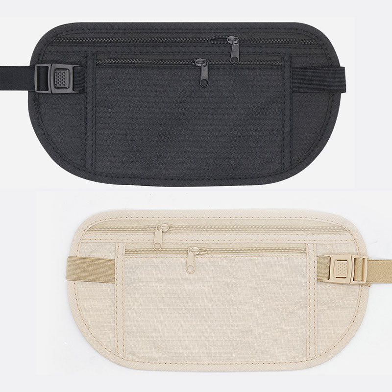 Arenzza anti-theft travel money belt with RFID blocking, black fabric with adjustable strap and secure zipper pocket for valuables.