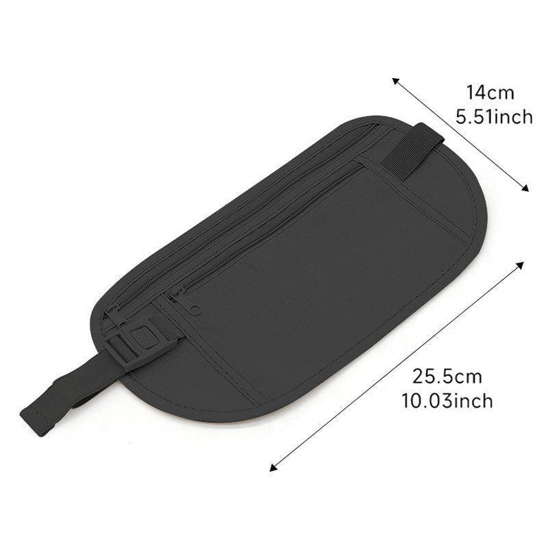 Arenzza anti-theft travel money belt with RFID blocking features, shown worn around the waist for secure travel accessories.