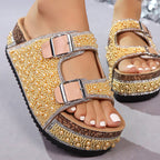 Arenzza double buckle cork slide sandals with sparkling accents, designed for summer and beachwear, featuring comfortable slip-on style.