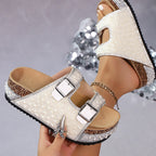 Arenzza double buckle cork slide sandals with sparkling accents, featuring comfy design and stylish summer beach footwear.
