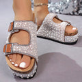 Arenzza double buckle cork slide sandals with sparkling accents, featuring a comfortable summer-ready design and chic style.