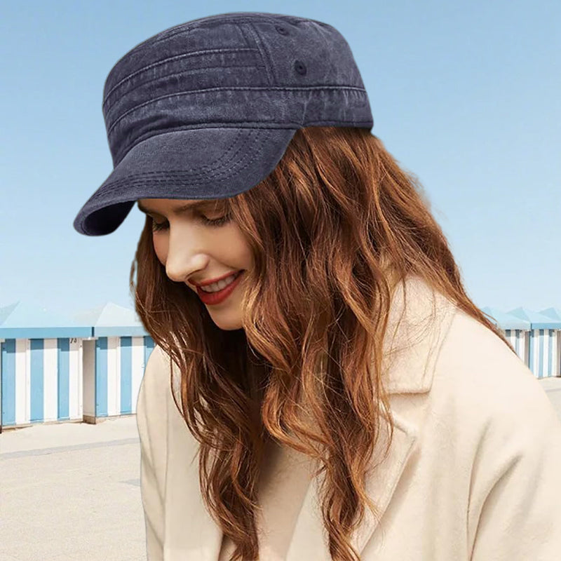 A stylish flat-top duckbill cap by Arenzza featuring a distressed, breathable design in a casual fashion accessory.