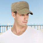 A tan distressed flat-top duckbill cap by Arenzza, showing its breathable fabric and stylish design on a clean background.