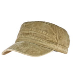Aarenza flat-top duckbill cap with distressed design, breathable fabric, fashionable style, in black, worn by a model.