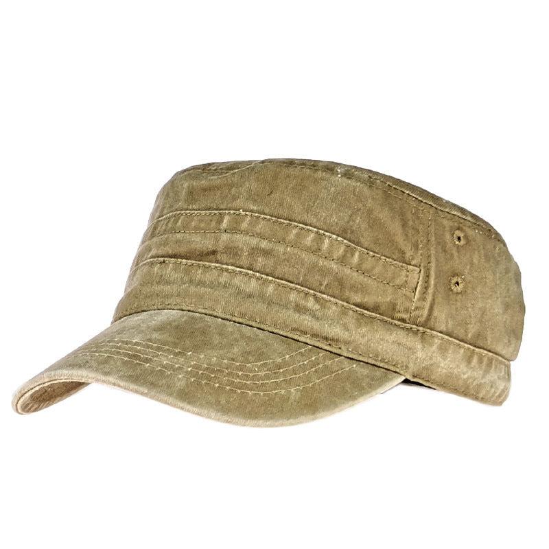 Aarenza flat-top duckbill cap with distressed design, breathable fabric, fashionable style, in black, worn by a model.
