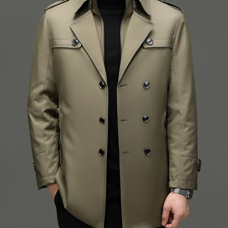 Men's medium-length trench coat with detachable inner layer, Arenzza, displayed on a hanger with a neutral background.