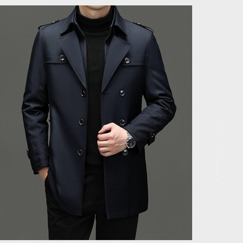 A men's medium-length trench coat by Arenzza with a detachable inner lining, shown in a neutral color on a hanger.