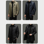 Men's medium-length trench coat with detachable inner from Arenzza, shown on a hanger, featuring classic design and neutral color.