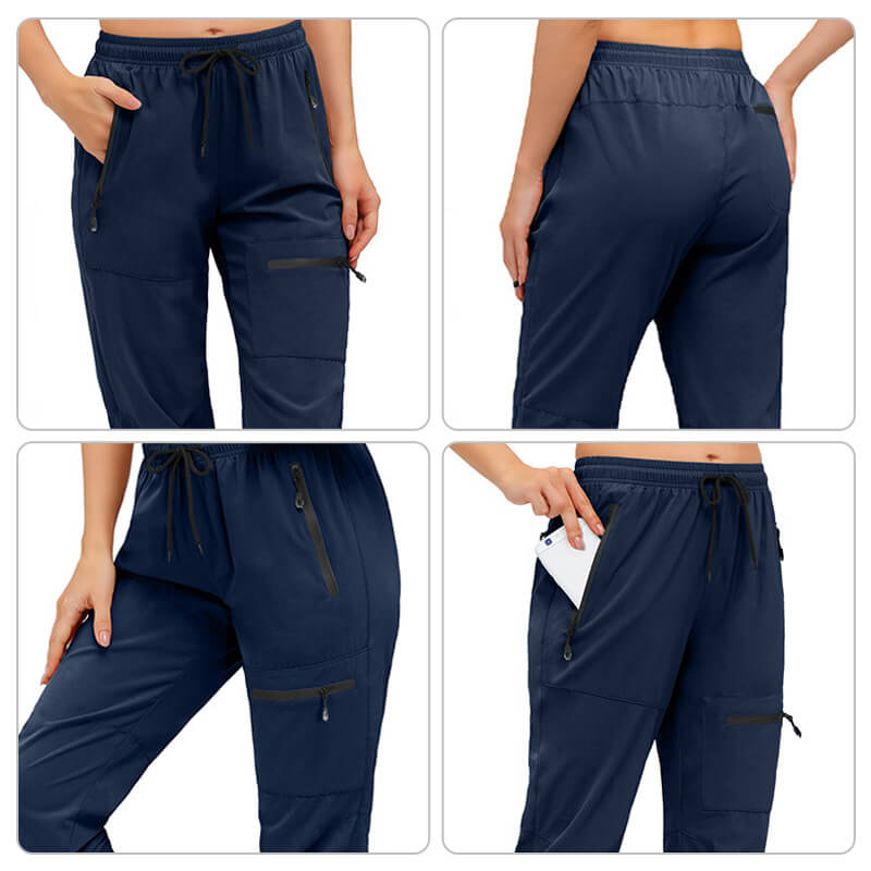 A pair of Arenzza women's hiking pants with five zipper pockets and quick-drying fabric, suitable for outdoor activities.