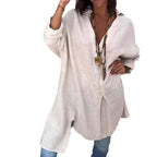 A beige cotton linen V-neck casual shirt from Arenzza, perfect for summer, displayed flat on a white background.