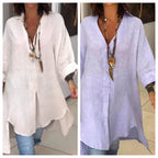 Amen's casual cotton linen V-neck shirt by Arenzza in light summer colors, displayed on a hanger.