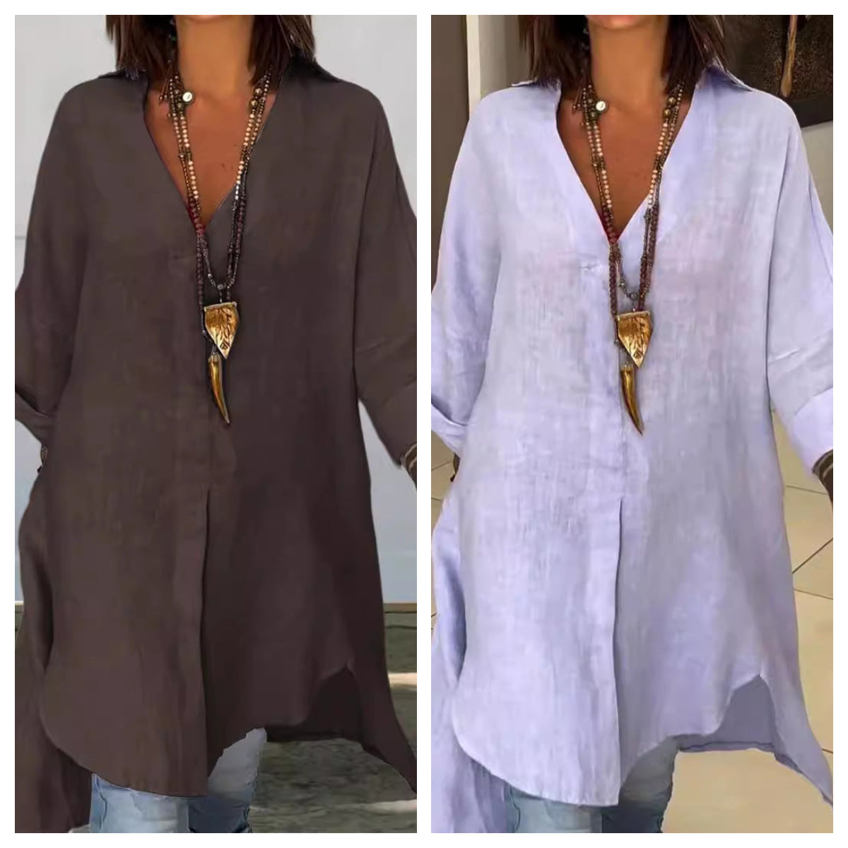 Aarenza summer casual cotton linen V-neck shirt in light fabric, displayed on a hanger with neutral background.