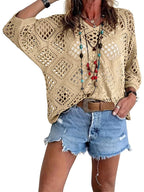 A beige bohemian-inspired crochet top with V-neck for women, stylish and lightweight, from Arenzza.