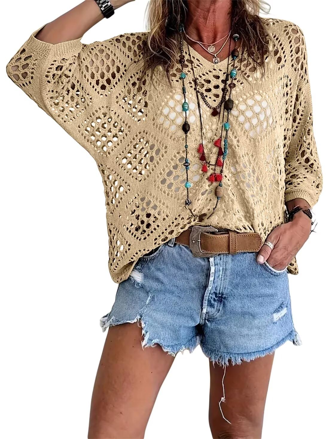 A beige bohemian-inspired crochet top with V-neck for women, stylish and lightweight, from Arenzza.