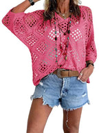 A beige bohemian-inspired crochet top for women with V-neck, stylish and lightweight, by Arenzza.