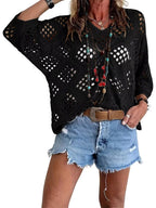 A beige bohemian-inspired women's crochet top with V-neck, featuring intricate crochet patterns, by Arenzza.