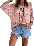 Women’s beige crochet top with V-neck, bohemian-inspired design, by Arenzza, shown in a stylish fashion photograph.
