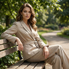 Aarenza women's elegant blazer and wide-leg pants suit set with tie-waist detail, in a sophisticated style, suitable for professional wear.
