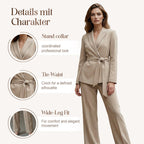 A women’s elegant blazer and wide-leg pants suit set by Arenzza, featuring a tie-waist blazer and matching pants, stylish and sophisticated.