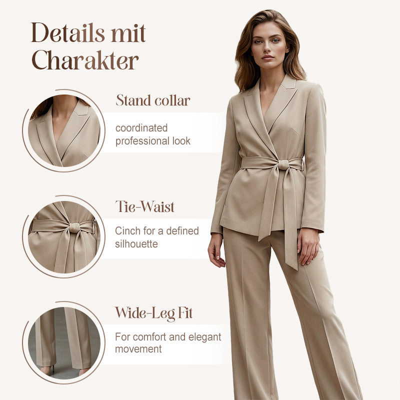 A women’s elegant blazer and wide-leg pants suit set by Arenzza, featuring a tie-waist blazer and matching pants, stylish and sophisticated.