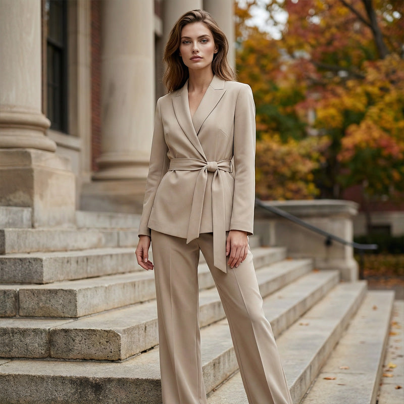 A woman wearing Arenzza's elegant tie-waist blazer and wide-leg pants suit set, stylish and sophisticated outfit for women.