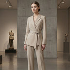 Aarenza women's elegant blazer and wide-leg pants suit set featuring a tie-waist blazer in a sophisticated design.