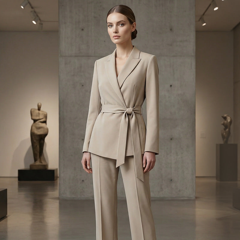 Aarenza women's elegant blazer and wide-leg pants suit set featuring a tie-waist blazer in a sophisticated design.