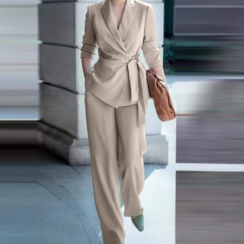 Aarenza women's blazer and wide-leg pants suit set featuring a tie-waist blazer and matching pants, elegant and stylish.