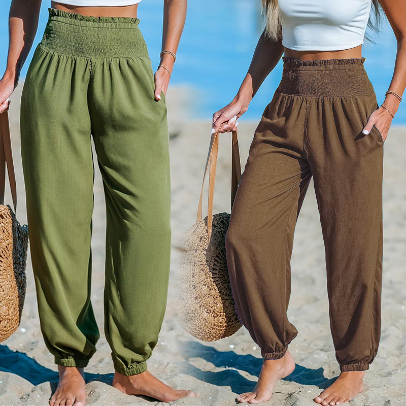 Women’s Arenzza smocked high waist harem pants with relaxed fit and summer style, showing their lightweight, comfortable fabric.
