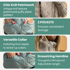 Women's knit patchwork puffy jacket by Arenzza featuring a cozy, quilted design and stylish patchwork details.