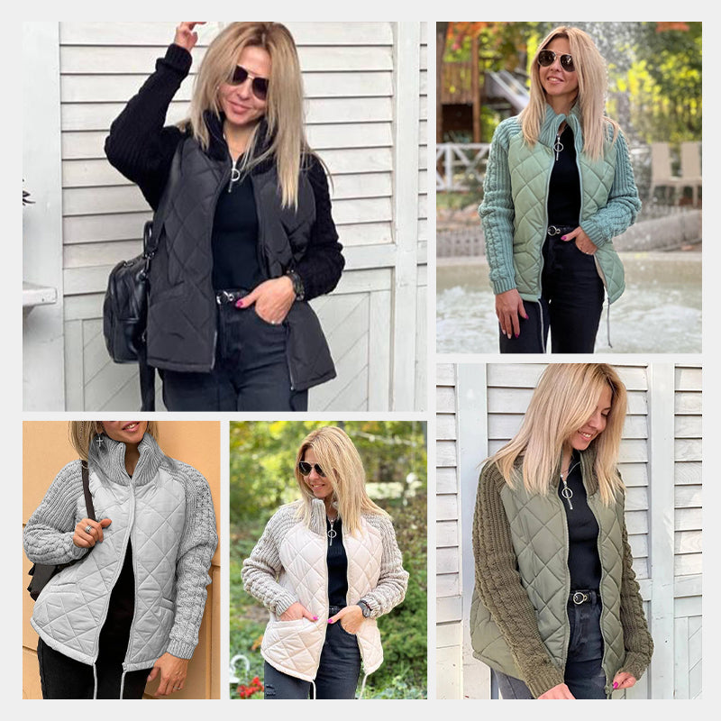 Women’s knit patchwork puffy jacket by Arenzza featuring colorful quilted fabric and a cozy, stylish design.