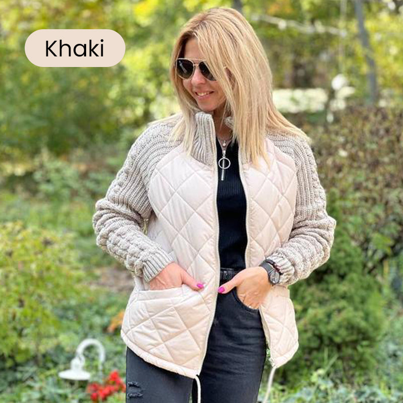 Women's Knit Patchwork Puffy Jacket by Arenzza, featuring a cozy, quilted design with colorful patchwork and a puffy silhouette.
