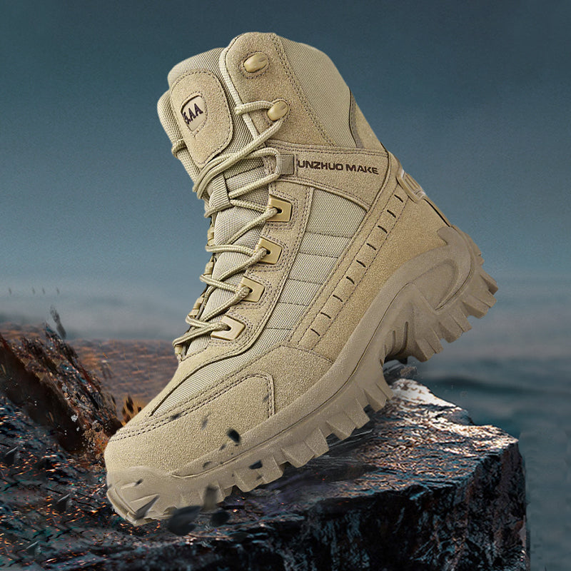 A pair of Arenzza tactical sports boots with waterproof, non-slip soles and reinforced toes, designed for outdoor and military use.