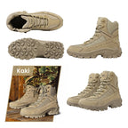 A pair of black Arenzza tactical sports boots with waterproof material, reinforced toes, and non-slip soles for outdoor and military use.
