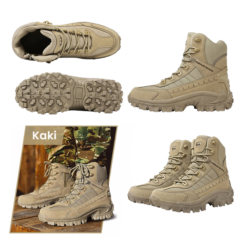 A pair of black Arenzza tactical sports boots with waterproof material, reinforced toes, and non-slip soles for outdoor and military use.
