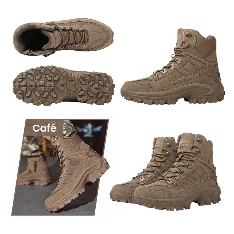 A pair of Arenzza tactical sports boots with waterproof, non-slip soles and reinforced toes, suitable for outdoor and military use.