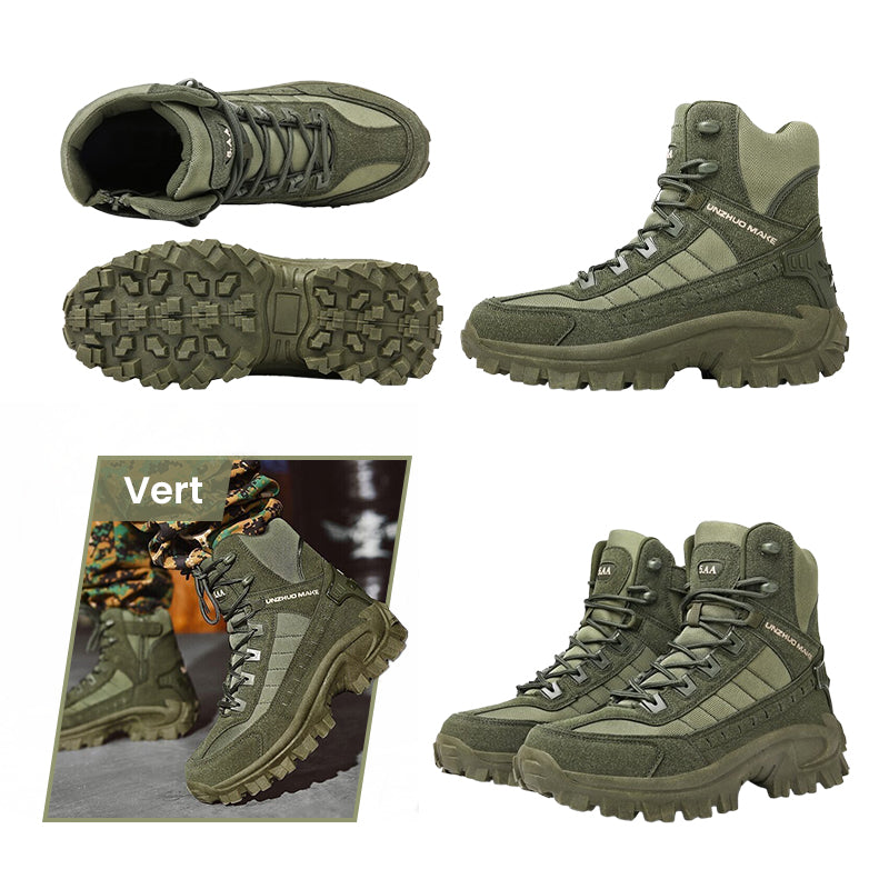 A pair of black Arenzza tactical sports boots with waterproof and non-slip soles, reinforced toes, suitable for outdoor and military use.