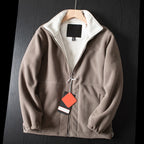 Aarenzza unisex double-layer hooded jacket in neutral color, featuring a front zipper and adjustable drawstrings.
