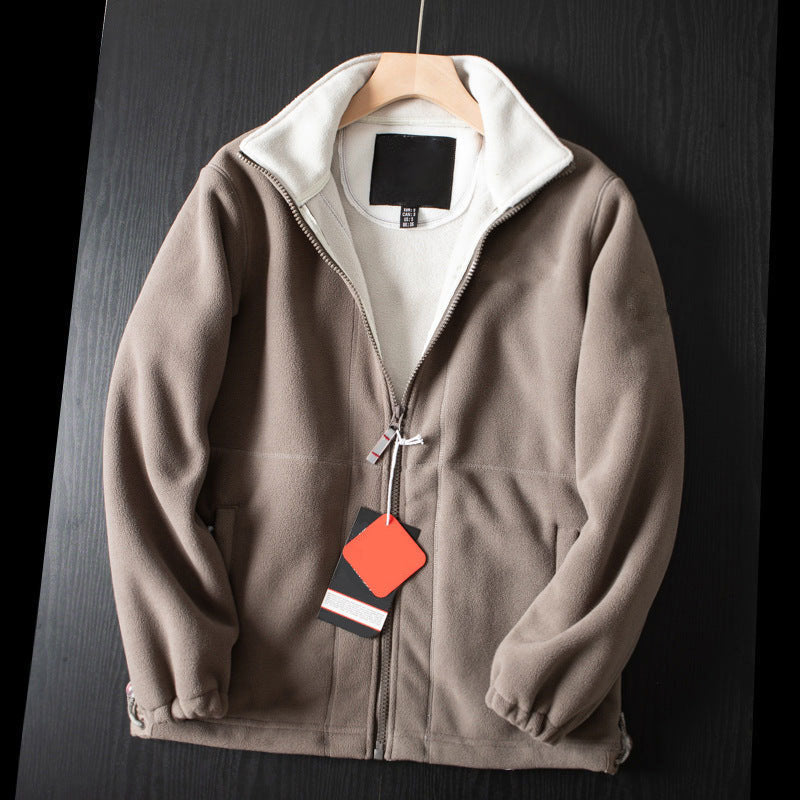 Aarenzza unisex double-layer hooded jacket in neutral color, featuring a front zipper and adjustable drawstrings.